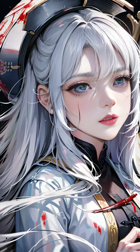 Masterpiece, Excellent, Night, Outdoor, Rainy Day, Branches, Chinese Style, Ancient China, 1 Woman, Mature Woman, Silver-White Long-Haired Woman, Gray-Blue Eyes, Pale Pink Lips, Indifference, Seriousness, Bangs, Assassin, Sword, White Clothes, Blood, Viole...