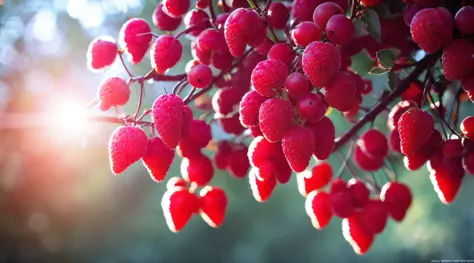 red fruits, black tree red leaves, rays of light descending from the sky, masterpiece, high quality, high quality, highly detail...