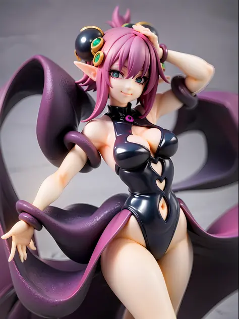 girl with octopus tentacles, short purple hair, beautiful emerald green eyes, closed mouth, exciting pose, smile, full body, unique costume with tentacles, looking forward, deep sea background, black and purple theme, playful and cheerful expression, black...