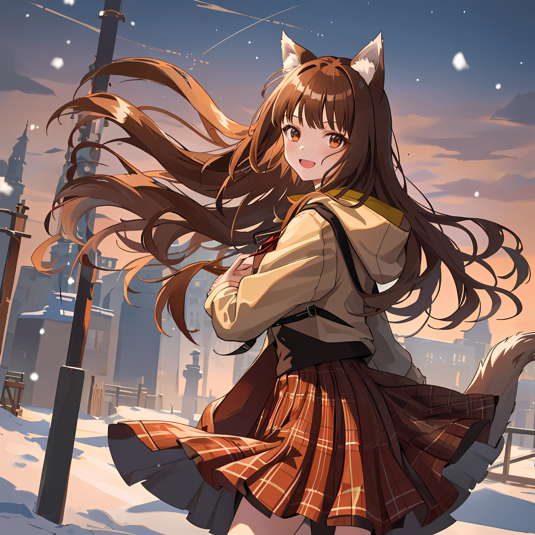 1 girl, portrait, animal_ears, bangs, brown_hair, floating_hair, holo, jacket, long_hair, outdoors, plaid, pleated_skirt, red_skirt, skirt, smile, snow, solo, (tail), wolf_ears, wolf_girl, wolf_tail, (in medieval cities)),