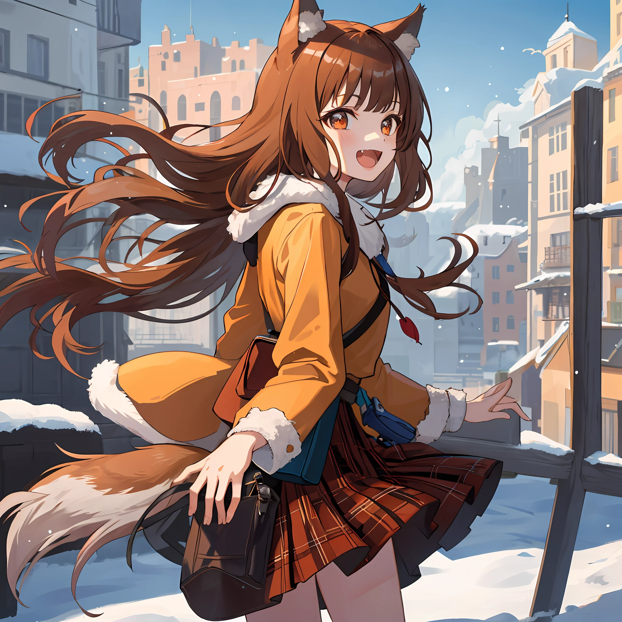 1 girl, portrait, animal_ears, bangs, brown_hair, floating_hair, holo, jacket, long_hair, outdoors, plaid, pleated_skirt, red_skirt, skirt, smile, snow, solo, (tail), wolf_ears, wolf_girl, wolf_tail, (in medieval cities)), Fur trimmed jacket, pouch, sash, open mouth, fangs, smile