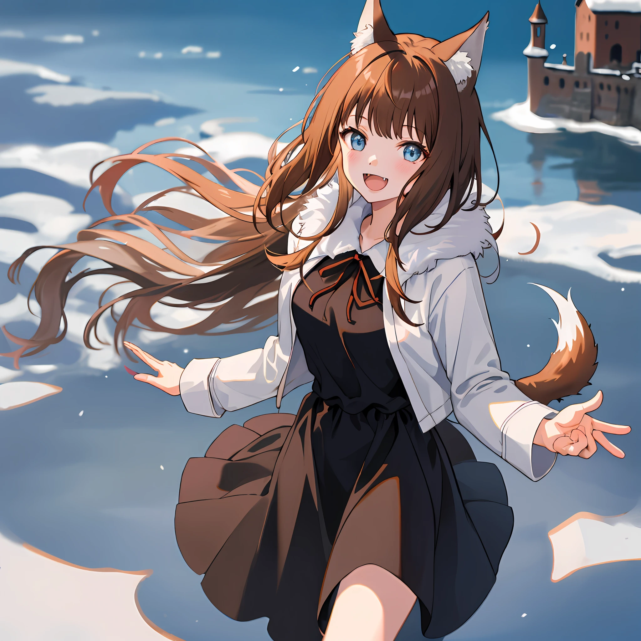 1 girl, portrait, animal_ears, bangs, brown_hair, floating_hair, holo, jacket, long_hair, outdoors, neck pouch, from above, open mouth, fangs, smile, slender, (blue dress), (fur dress), smile, snow, solo, (tail), wolf_ears, wolf_girl, wolf_tail, ( in medieval cities)),