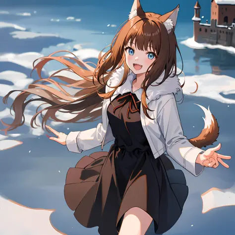 1 girl, portrait, animal_ears, bangs, brown_hair, floating_hair, holo, jacket, long_hair, outdoors, neck pouch, from above, open...