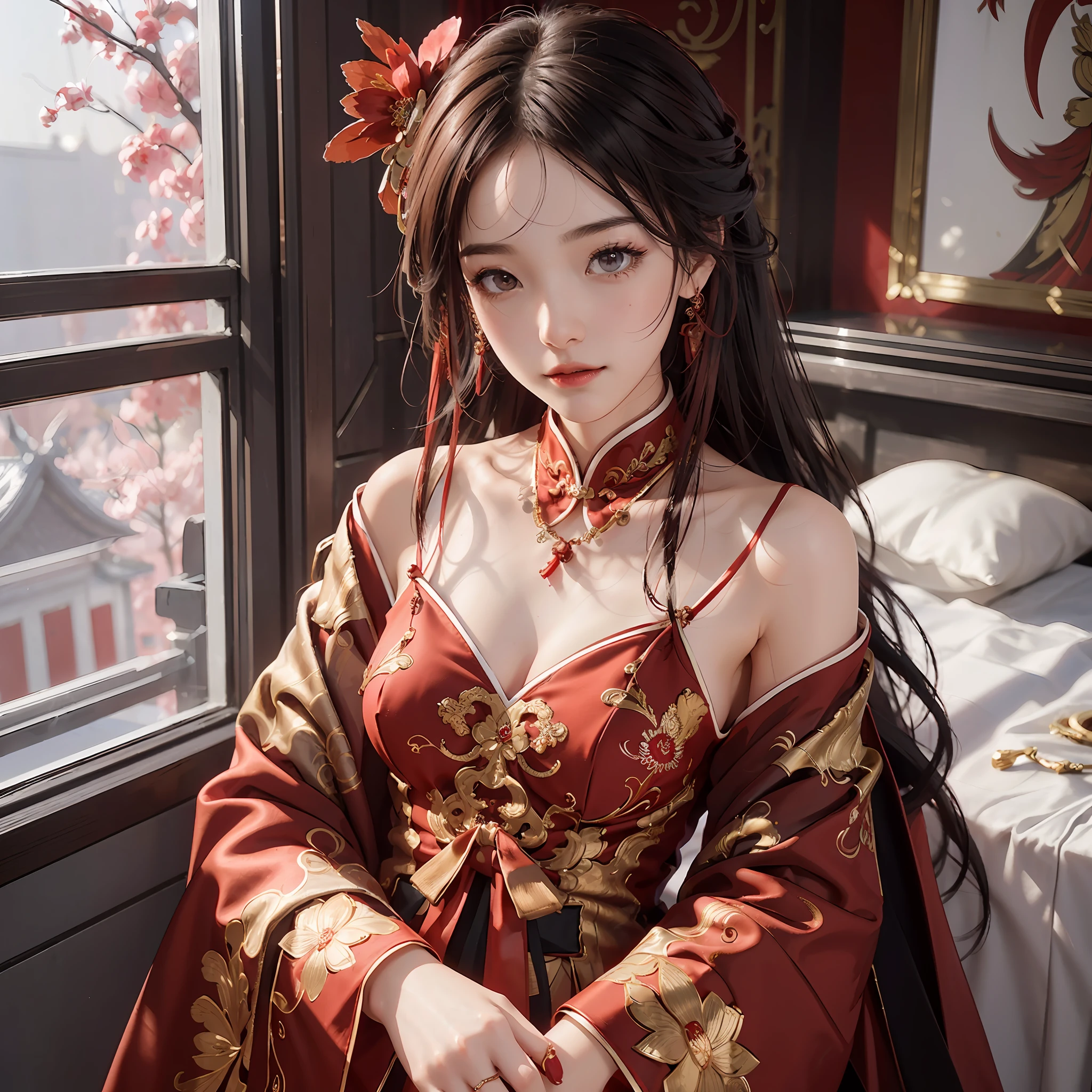 (A Chinese bride), (wearing a gorgeous Chinese red wedding dress), (Chinese style elements: 1.4), (shy, tender, beautiful face, fair skin, bright eyes, elegant eyebrows, happiness and expectation, rosy lip color, soft face), (red clothing: 1.4), (wearing exquisite jewelry, rings, necklaces)), clothes embroidered with phoenix motifs, (embroidery), full body red robe, purity, romance, (Full body shot: 1.5), (body curve), Pleated decoration, (cinematic quality), (Best quality: 1.2), (Realism: 1.4), (Indoor), Photo quality, ((octane rendering)), Close-up, Photographic lighting, (Red theme: 1.4),