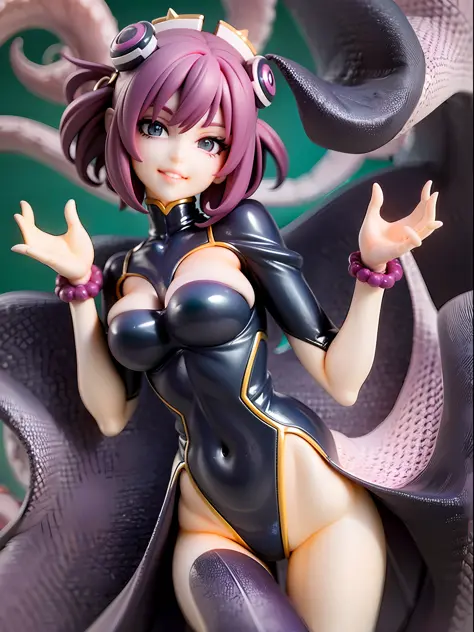 girl with octopus tentacles, short purple hair, beautiful emerald green eyes, closed mouth, exciting pose, smile, full body, unique costume with tentacles, looking forward, deep sea background, black and purple theme, playful and cheerful expression, black...