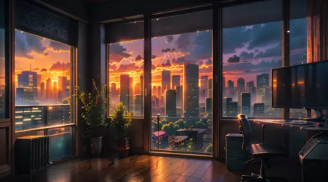 gamer room, window to the city at sunset, rainy weather, ultra-realistic 4K definition, enhanced lights