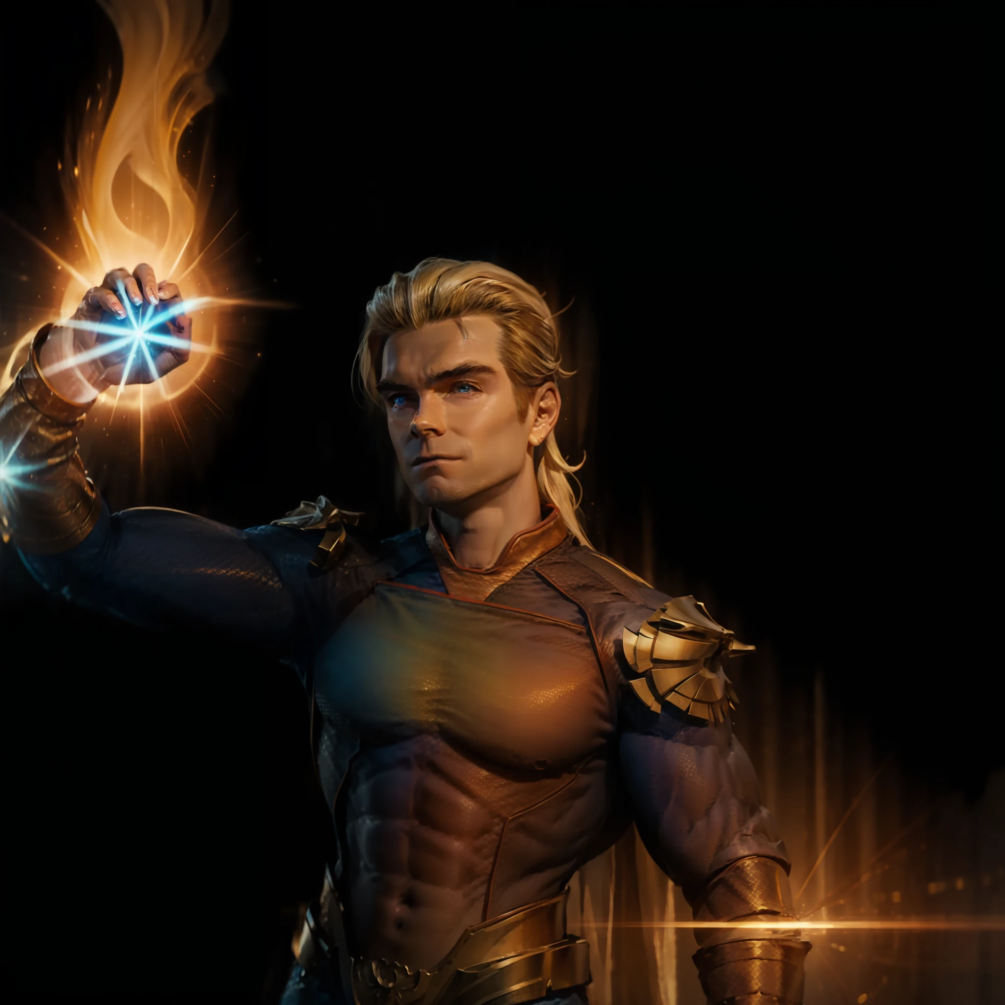 Arafed young man with long blonde hair 21 years old without a beard in a graphite or black wetsuit with bright orange veins like yellow led, Boys Homelander, no beard, smooth skin, Quicksilver, 3D render of Jerma 9 8 5, homelander, full portrait of Electromancer, orange yellowish human torch, light background, Reed Richards,  Aquaman, amazing wallpaper, powerful male man, he man, on the wall there is the name SPINNER written with neon --auto --s2