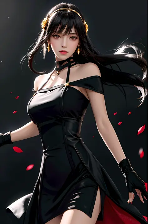 yor briar, (photorealistic), beautiful girl, 

backlighting, bare shoulders, black background, black dress, black gloves, black ...