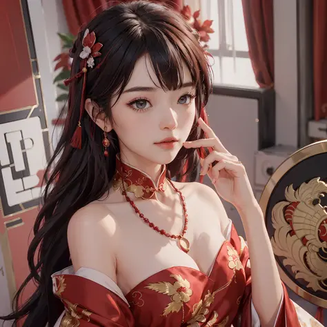 (A Chinese bride), (wearing a gorgeous Chinese red wedding dress), (Chinese style elements: 1.4), (shy, tender, beautiful face, ...