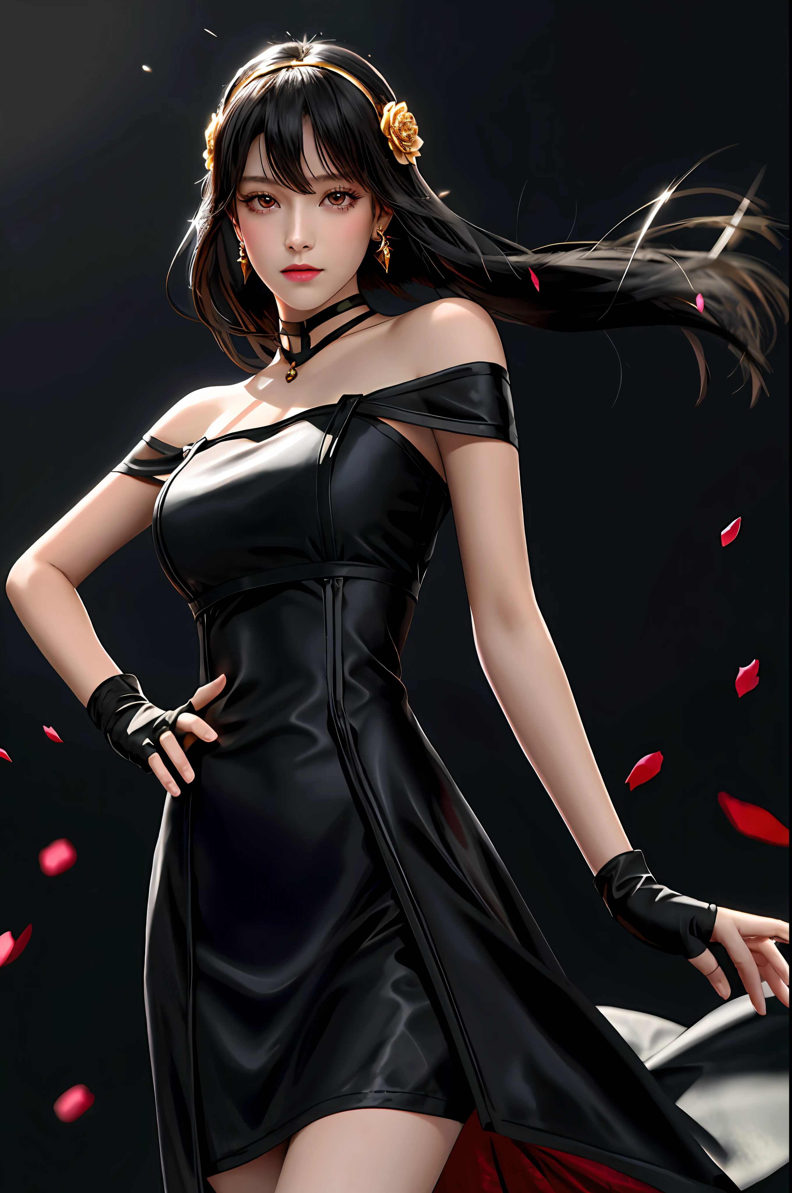 yor briar, (photorealistic), beautiful girl, 

backlighting, bare shoulders, black background, black dress, black gloves, black hair, breasts, closed mouth, cowboy shot, dress, earrings, expressionless, fingerless gloves, floating hair, gloves, gold earrings, gold hairband, hair flower, hair ornament, hairband, jewelry, large breasts, light particles, long hair, looking at viewer, off-shoulder dress, off shoulder, petals, red eyes, short hair with long locks, sidelocks, solo, spikes, thighs, two-sided dress, two-sided fabric

, ((masterpiece))