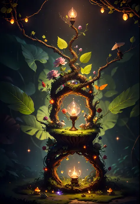 Fantasy in a glass, "ethereal roses, cute animals, glowing little mushrooms surrounded by delicate leaves and branches, and fireflies and glowing particle effects", (natural elements), (jungle theme), (leaves), (branches), (fireflies), butterflies, (delica...