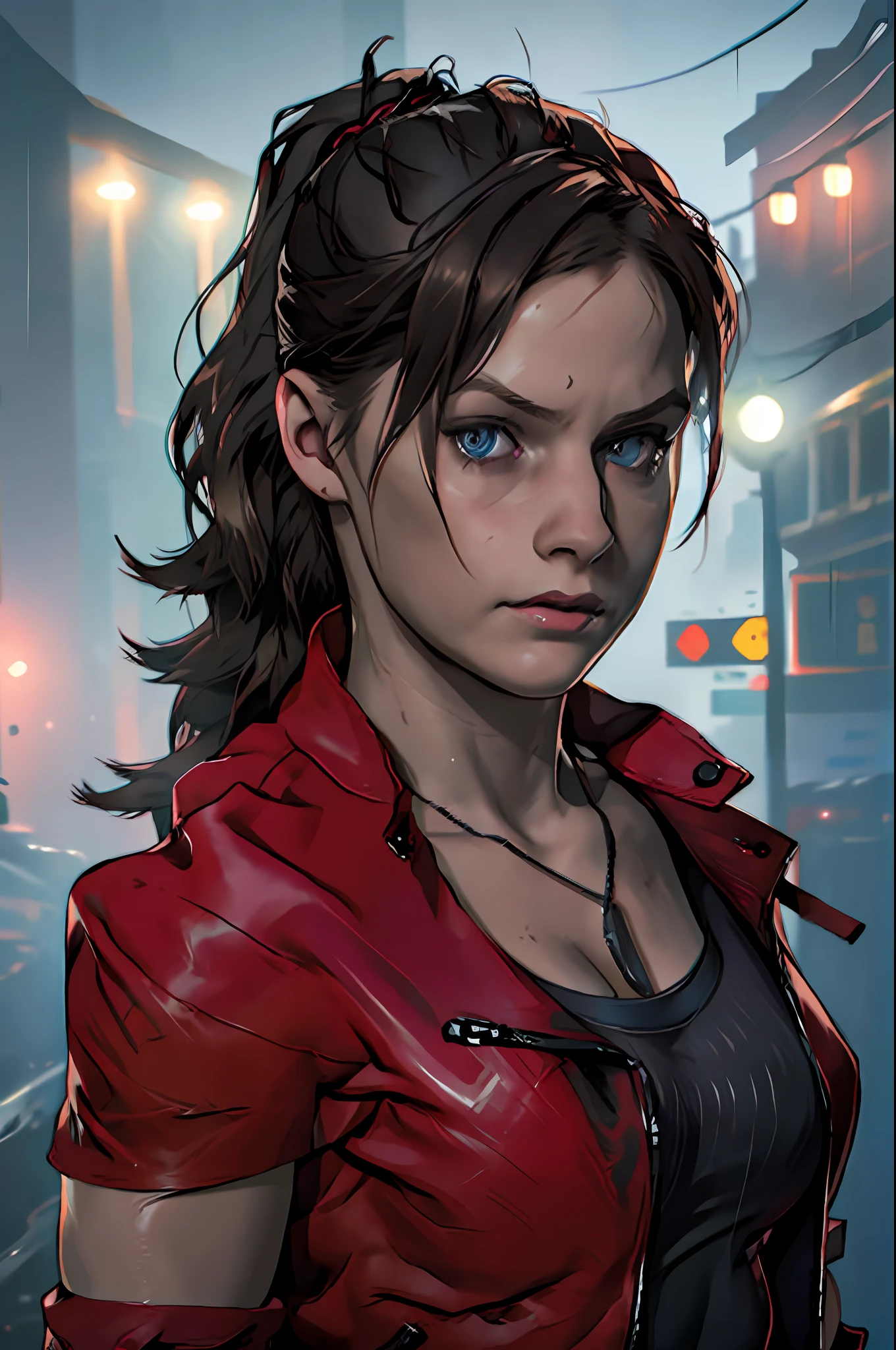 Claire redfield (Resident Evil 2), young face, best quality, masterpiece, wearing black tank top inside, bright red long sleeve leather jacket outside, pony tail hair tie, dark brown hair color, long hair, breast, dark streets in the background, night, dark atmosphere, depth of field, soft face, detailed face, high resolution:1.2,