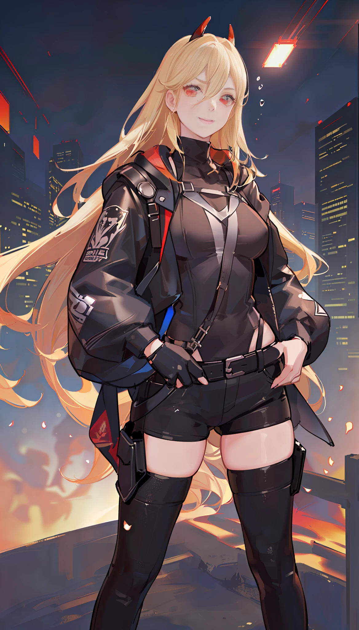 Yellow hair, scythe in hand, a girl blowing big bubble gum with her hands in her pocket , red eyes (detailed depiction), evil smile, (big bubble gum: 1.4), (Shibuya: 1.4), (night light: 1.4), (thick body: 1.4), (long blonde hair: 1.4), HDR (high dynamic range), ray tracing, NVIDIA RTX, super resolution, Unreal 5, subsurface scattering, PBR textures, post processing, anisotropic filtering, depth of field , maximum sharpness and sharpness, multi-layer textures, albedo and specular mapping, surface shading, accurate simulation of light-material interactions, octane rendering, duotone lighting, low ISO, white balance, rule of thirds, large aperture, 8K RAW, efficient sub-pixels, subpixel convolution, (luminous particles: 1.4), {{masterpiece, best quality, extremely detailed CG, Unity 8k wallpaper, 3D, cinematic lighting, lens flare}},