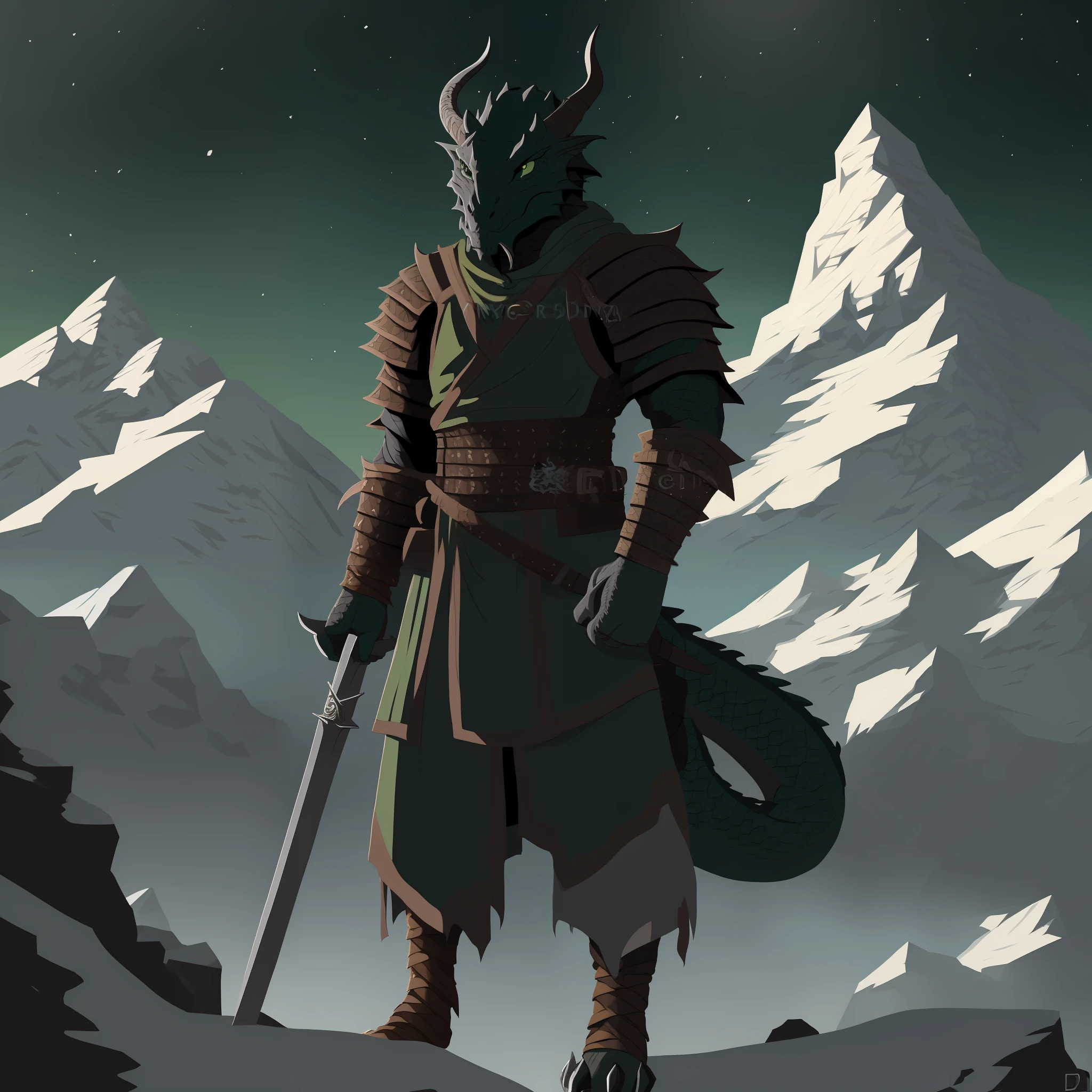 (one dark green grey adventuring dragonborn:1.5), ((deep shadows)), (((stoic expression))), (holding a makeshift shield and purple whip:0.5), (wearing ragged Mongolian scout vestments and adventuring equipment:1.5), exploring wintery Mongolian steppe, (good anatomy:1.0), masterpiece, perfect lighting, 8k, (professional illustration:1.2), (ultra detailed:1.0), (art by illustrator, Tony DiTerlizzi:1.5), radiant lighting, high contrast