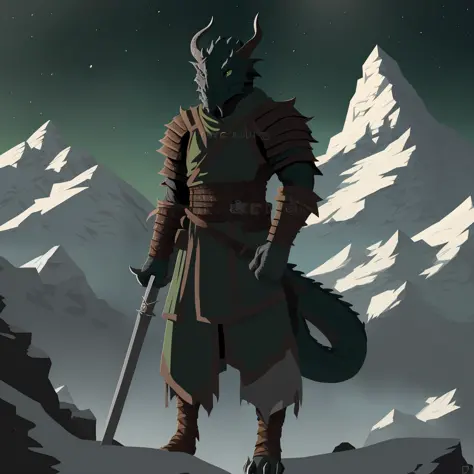 (one dark green grey adventuring dragonborn:1.5), ((deep shadows)), (((stoic expression))), (holding a makeshift shield and purp...