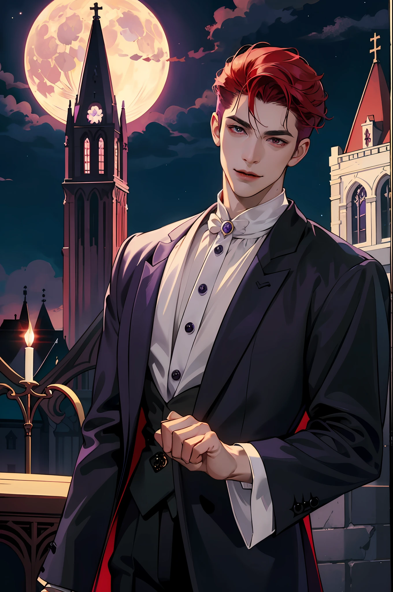 これは本物の吸血鬼がどのように見えるかです! アンティークの吸血鬼の服, エレガント, 紳士的な. 彼はフレンドリーに微笑んでいます, 彼の赤い髪は鮮やかです, 彼の赤い目は完璧な肌に映えて輝いている. 背景には紫色の教会の窓, 背後に月明かりが反射して. これはすべて美しく暗い光の中にあります, 見た目が素晴らしい。 (高品質: 1.2, 夜の教会: 1.5, アンティークのヴァンパイアの衣装: 1.4) (((夜に))) (挑発的な光, 神秘的な闇) (((バイオレットムーン))) 定義された顔) 完璧な手)