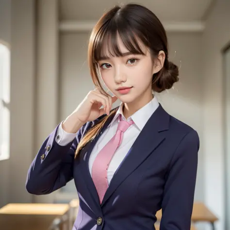 ((Top Quality, 8K, Masterpiece: 1.3)), 1 Girl, Slim, (Hairstyle Casual, Big: 1.2), (Pink Y-shirt, Red Tie, Dark Blue Blazer: 1.2), Ultra Slender Face, Delicate Eyes, Double Eyelids, Smile, (Classroom: 1.0)