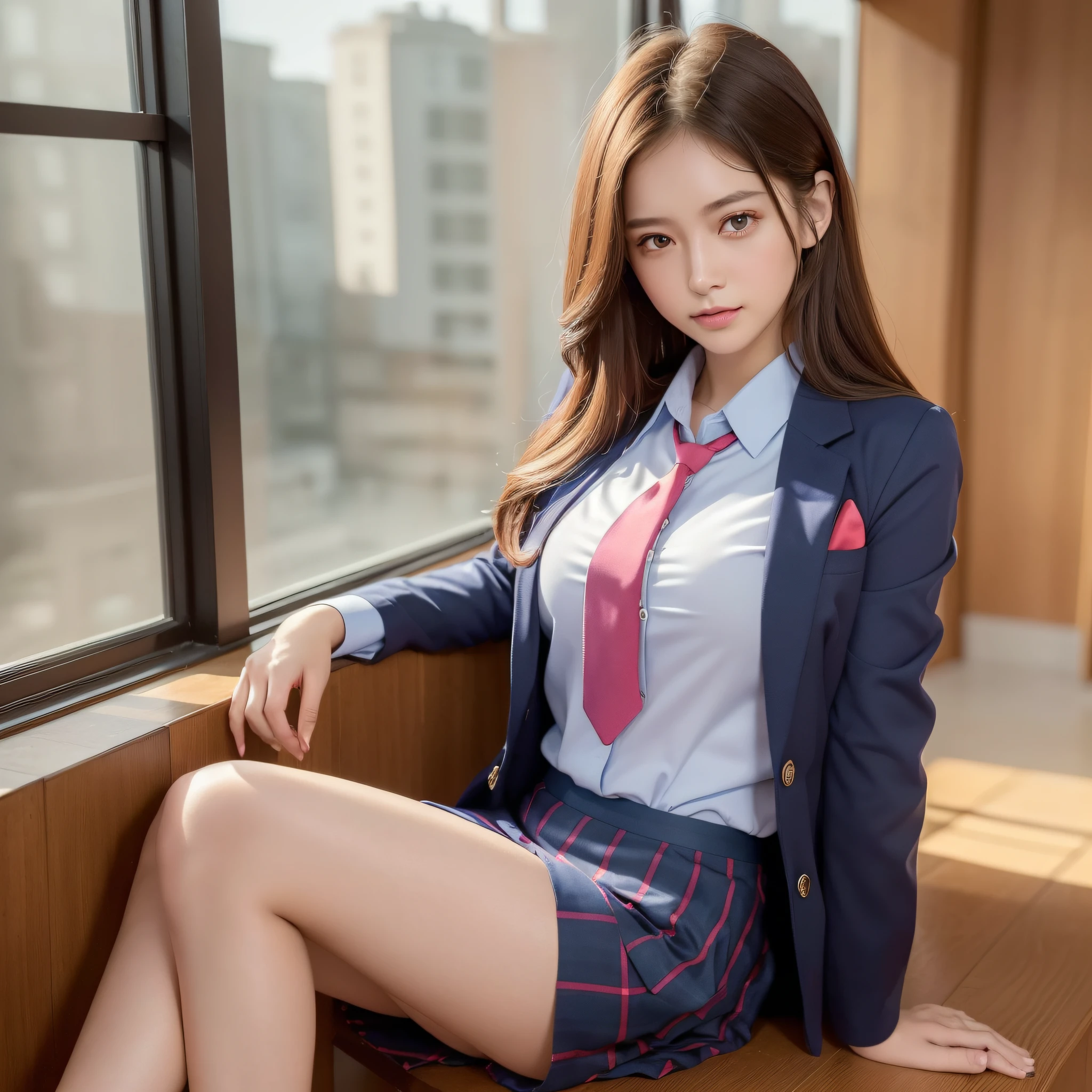 ((Best Quality, 8K, Masterpiece: 1.3)), 1 Girl, Slim, Full Body, (Hairstyle Casual, Big: 1.2), (Pink Y-shirt, Red Tie, Dark Blue Skirt, Loafers, Dark Blue Blazer: 1.2), Ultra Slender Face, Delicate Eyes, Double Eyelids, Smile, (Classroom: 1.0)