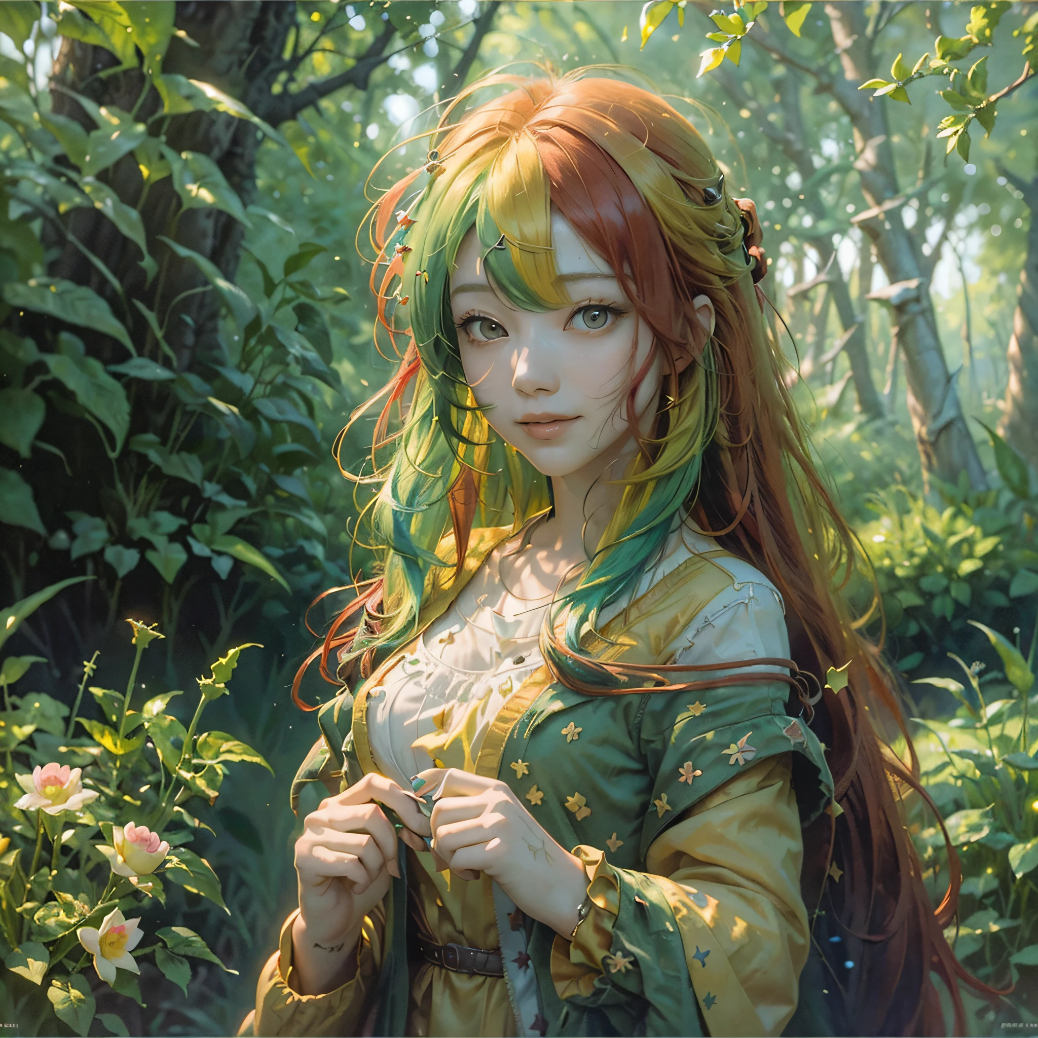 (extremely detailed CG unity 8k wallpaper, masterpiece, best quality, ultra-detailed), (best illumination, an extremely delicate and beautiful), floating, beautiful fantasy world, cute girl with a beautiful face, standing, smiling beautifully, looking at you with black eyes, (1girl), detailed hair with delicate lines, (multicolored_hair+red hair+yellow hair:1.3+green hair:1.3), around her are shining flowers, sparkling water drops, and beautiful scenery, (wide shot, great light and shadow contrast), (watercolor+oil painting), (depth of field+Volumetric Light), can explore this beautiful world with the cute girl. --auto --s2