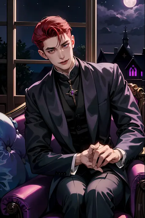 This is what a real Vampire looks like! Antique vampire clothes, elegant, gentlemanly. He is smiling friendly, his red hair is v...