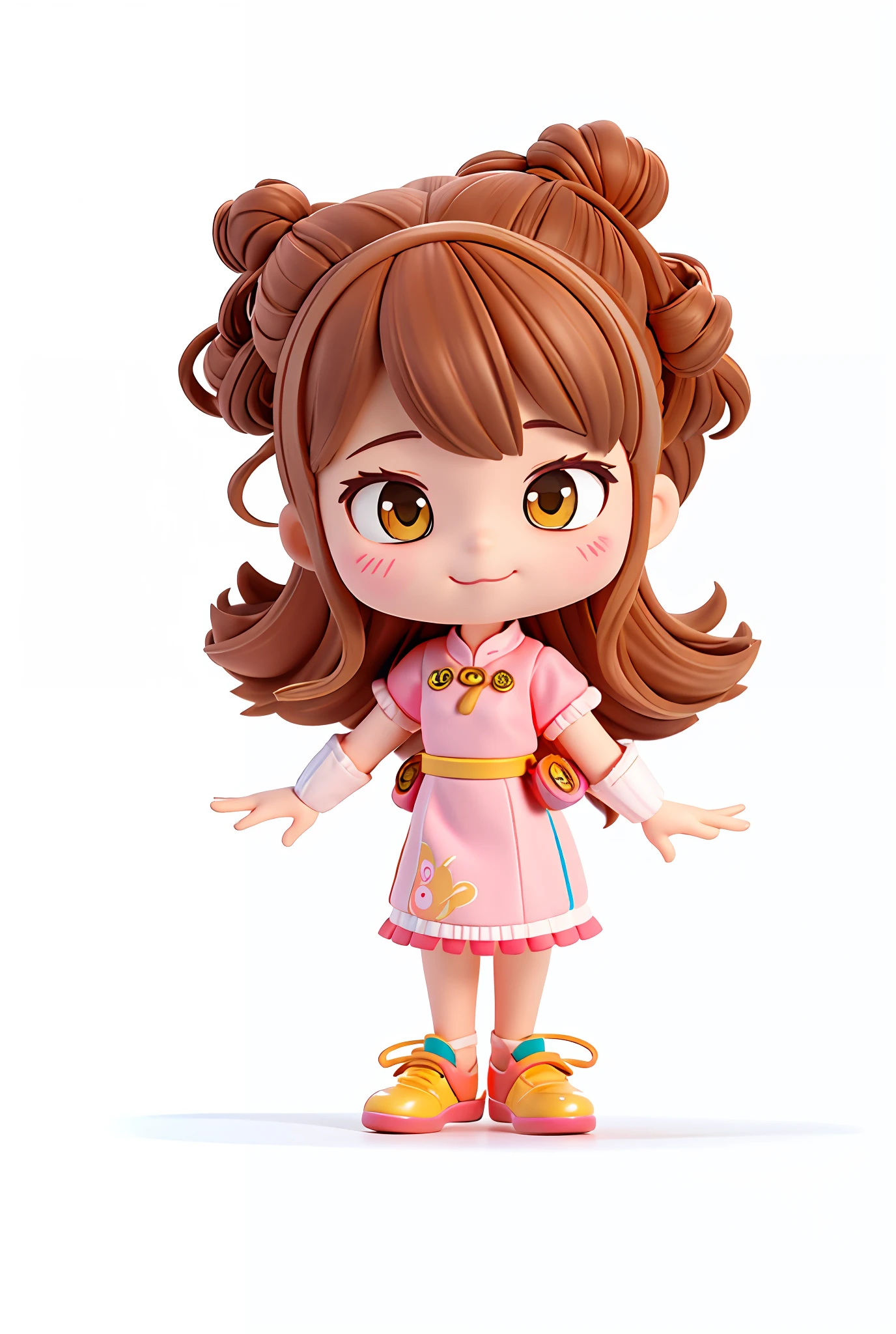 Fluffy brown hair, cheongsam with pink showing her whole hand, happy cartoon girl with yellow shoes, inspired by Disney character portraits, cartoon cute, full body portraits, 3D images, blind box characters, cute characters, absurd swinging spots in dresses, madeline from celeste, cute cartoon characters, full body characters, single character full body, cartoon style, highly detailed characters, full body portraits of trousers, official fan art, characters are standing, cute cartoon characters, merged characters