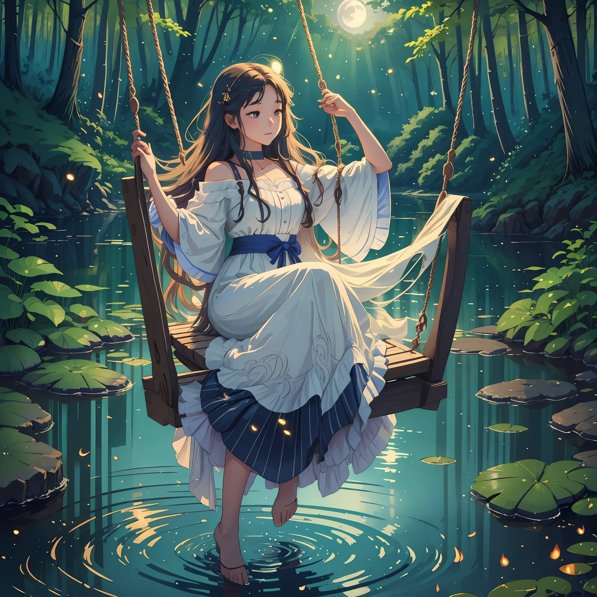 The girl with long flowing hair sits on a swing with a sparkling lake behind her back, moonlight spills on the lake, surrounded by forests and fireflies flying --auto --s2