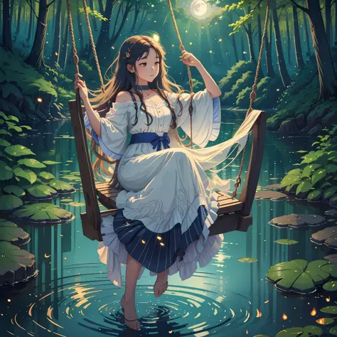 The girl with long flowing hair sits on a swing with a sparkling lake behind her back, moonlight spills on the lake, surrounded ...