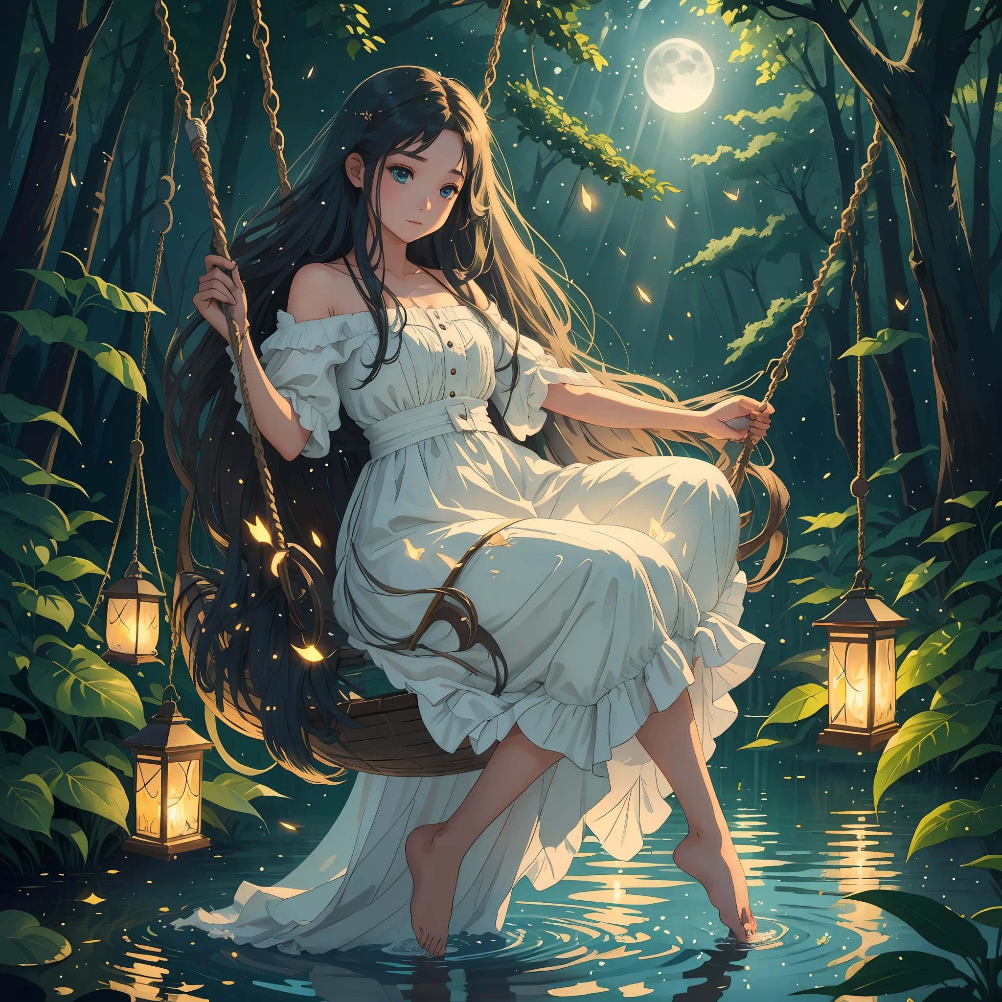Девушка с длинными распущенными волосами сидит на качелях, а за спиной сверкающее озеро., лунный свет льется на озеро, в окружении лесов и летающих светлячков --auto --s2