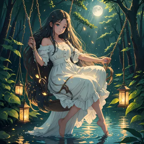 The girl with long flowing hair sits on a swing with a sparkling lake behind her back, moonlight spills on the lake, surrounded ...