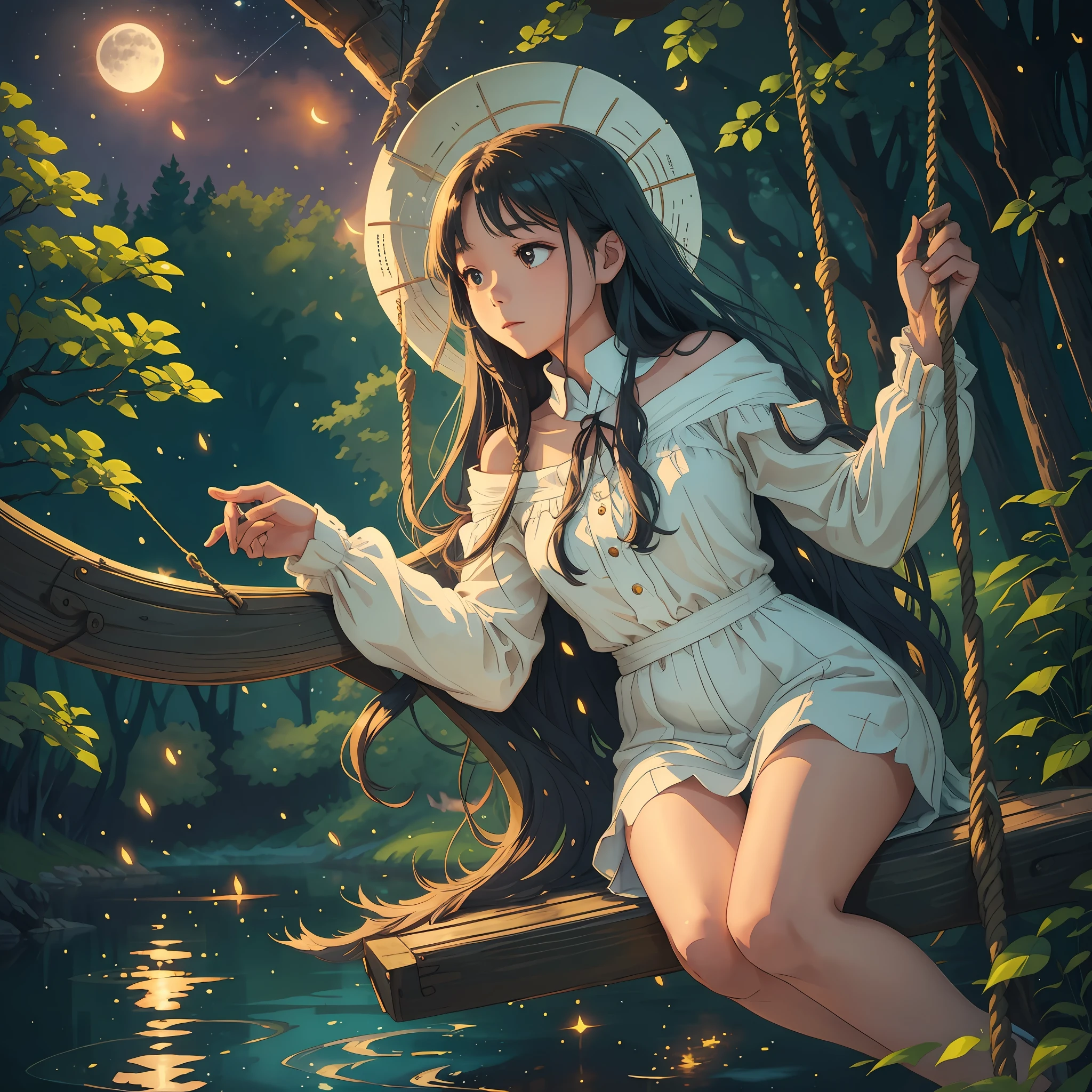 The girl with long flowing hair sits on a swing with a sparkling lake behind her back, moonlight spills on the lake, surrounded by forests and fireflies flying --auto --s2