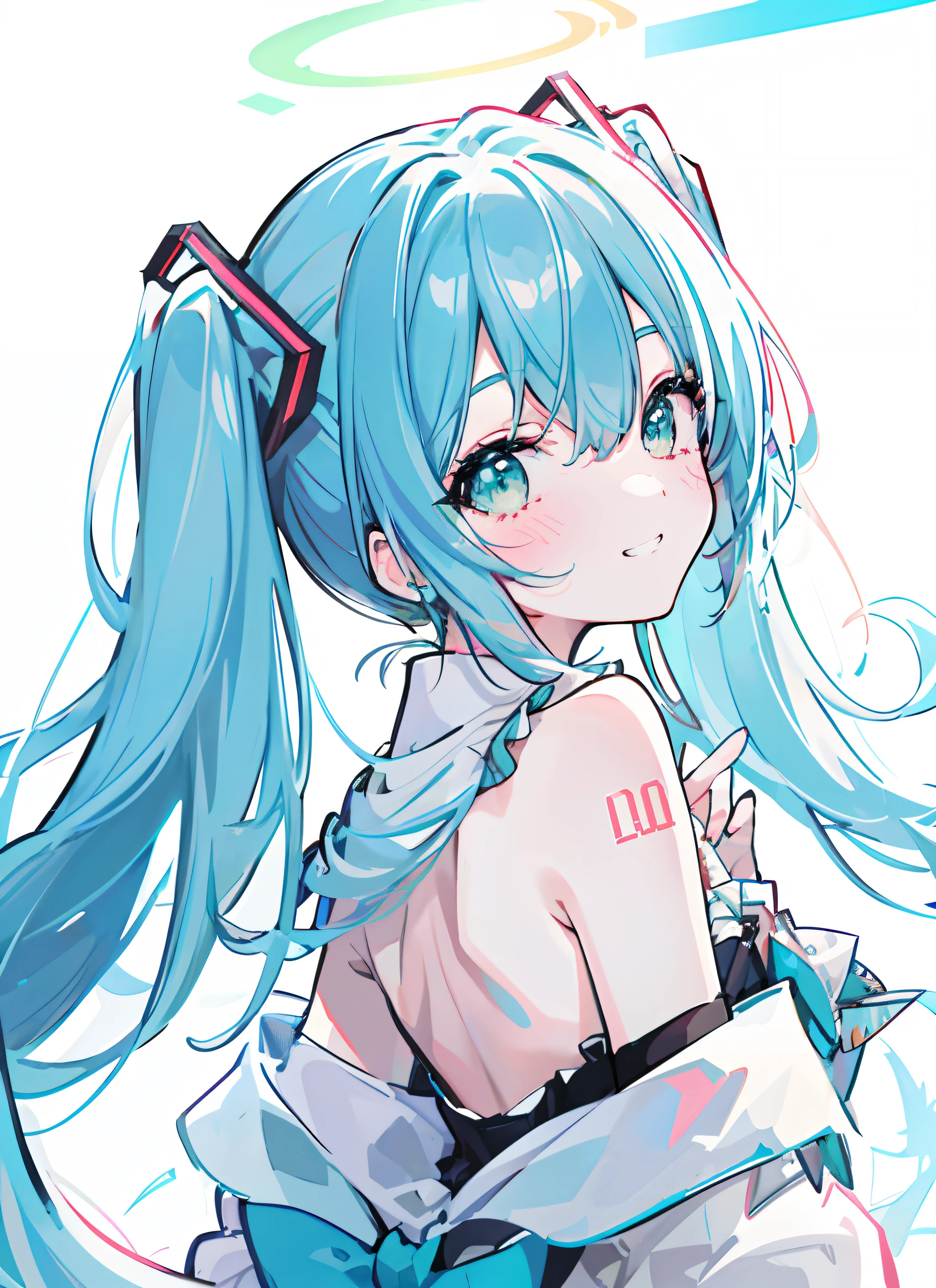 (masterpiece), (best quality),(miku),1girl,upper body,blush,grin,happy,backlight, lam_style, colorful_hair, facial_mark, neon_palette, miku，Hatsune Miku，halftone,