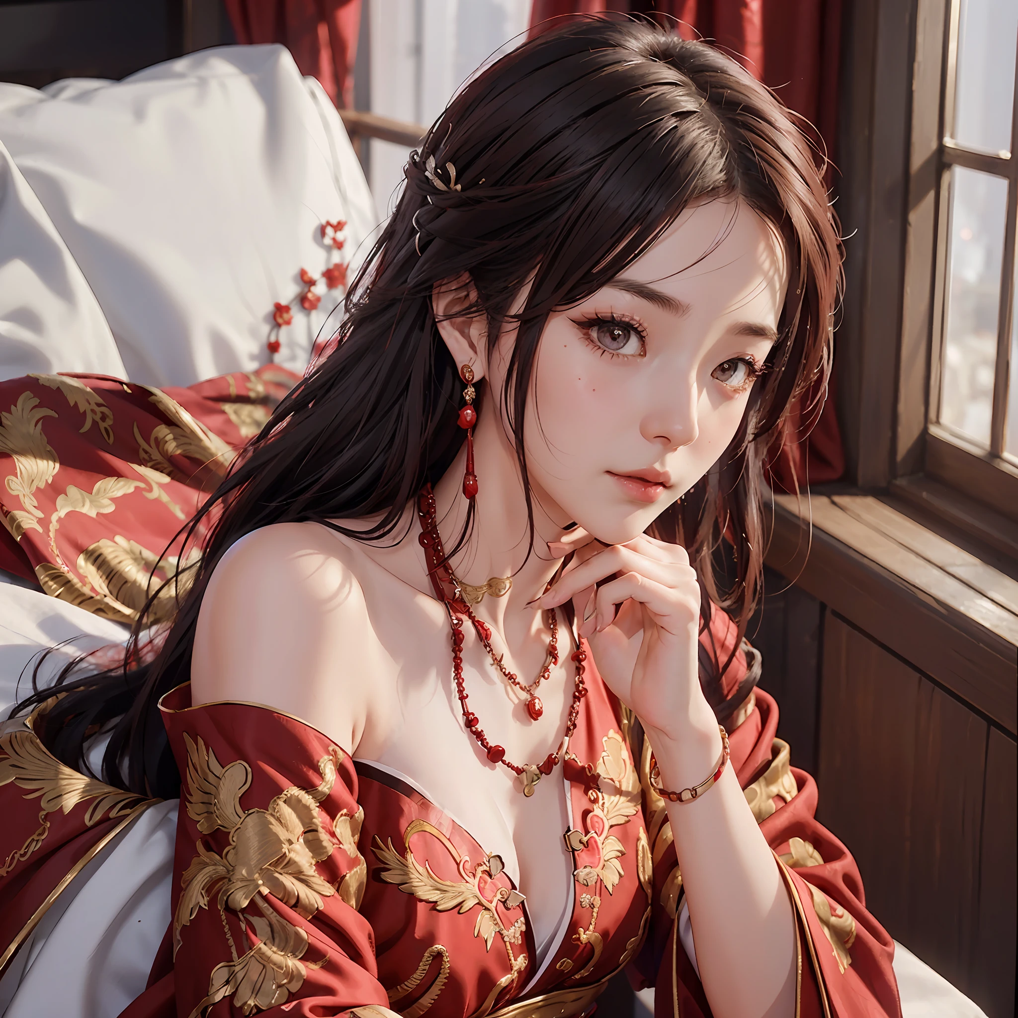 (Uma noiva chinesa), (usando um lindo vestido de noiva vermelho chinês), (vestido de noiva conservador), ((Meio deitado na cama)), (Elementos de estilo chinês: 1.4), (tímido, macio, rosto bonito, pele clara, olhos brilhantes, Sobrancelhas elegantes, felicidade e expectativa, lábios rosados, rosto macio), (roupas vermelhas: 1.4), (usando jóias delicadas, argolas, colares)), Roupas bordadas com motivos de fênix, (bordado), (manto vermelho conservador), pureza, romance, (tiro de corpo inteiro: 1.5), (curva corporal), decoração plissada, (qualidade cinematográfica), (melhor qualidade: 1.2), (Realismo: 1.4), (interior), Qualidade da foto, ((renderização de octanas)), fechar-se, iluminação fotográfica, (Tema vermelho: 1.4),