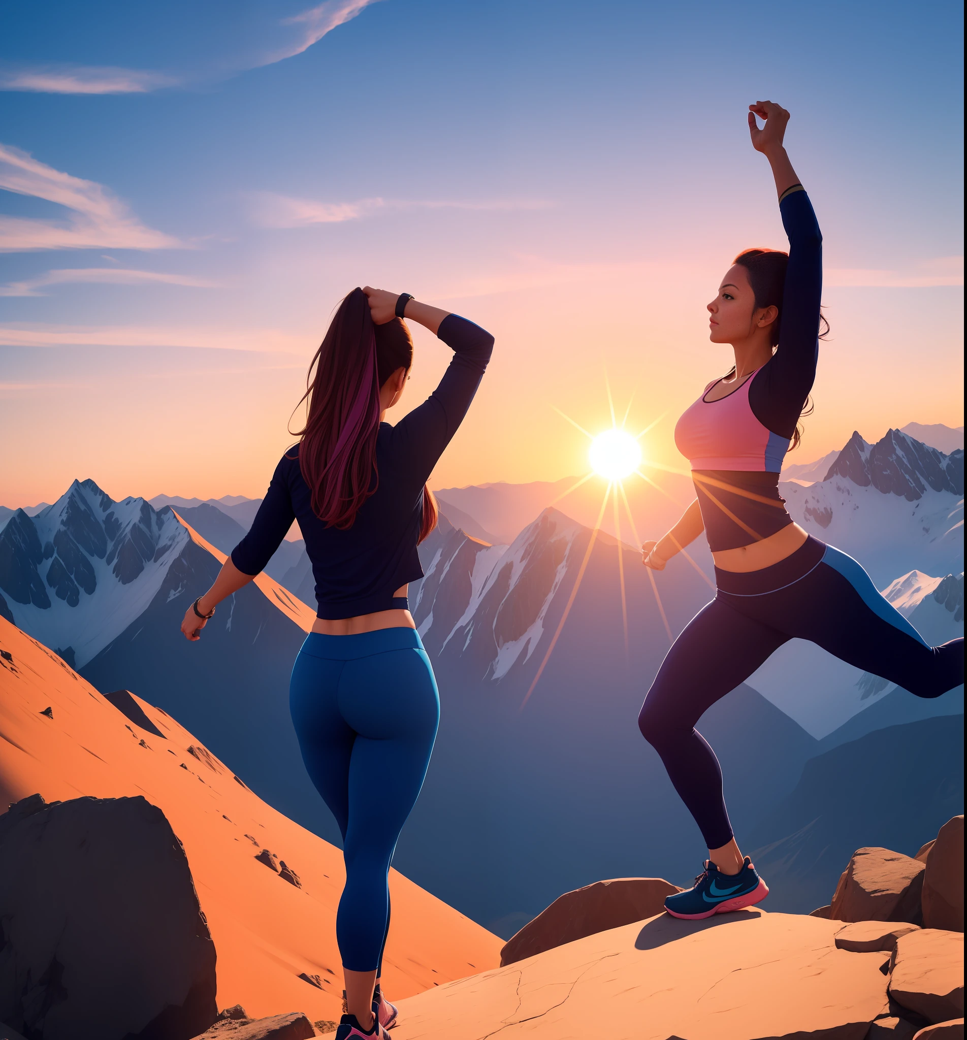 Dos mujeres haciendo yoga en la cima de una montaña con la puesta de sol. -  SeaArt AI