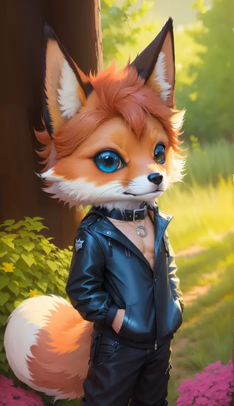 fox with black jacket, dressed as 80s metal rocker, cute, bad boy, young portrait, posture facing the camera, 2D painting, maste...