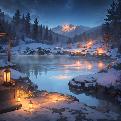 no man, hot springs, heat, water vapor, night (illustration: 1.0), epic composition, realistic lighting, hd details, masterpiece...