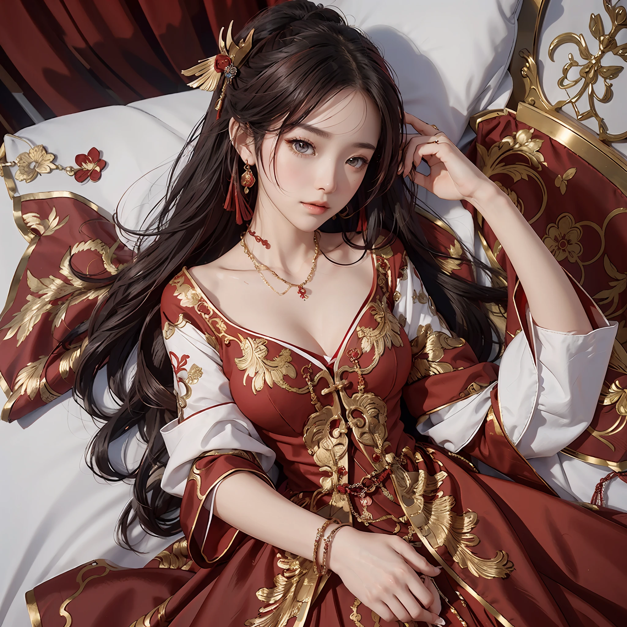 (Uma noiva chinesa), (usando um lindo vestido de noiva vermelho chinês), (vestido de noiva conservador: 1.4), ((Meio deitado na cama)), (elementos chinoiseriety: 1.4), (tímido, macio, rosto bonito, pele clara, olhos brilhantes, Sobrancelhas elegantes, felicidade e expectativa, lábios rosados, rosto macio), (roupas vermelhas: 1.4), (usando jóias delicadas, argolas, colares)), Roupas bordadas com motivos de fênix, (bordado), (manto vermelho conservador), puro, romântico, (tiro de corpo inteiro: 1.5), (curva corporal), decoração plissada, (qualidade cinematográfica), (melhor qualidade: 1.2), (Realismo: 1.4), (interior), Qualidade da foto, ((renderização de octanas)), fechar-se, iluminação fotográfica, (Tema vermelho: 1.4),