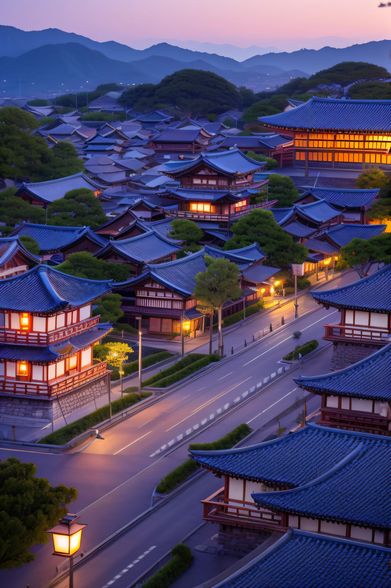 village with many lights, japanese village, japanese city, japanese village, hyper realistic photo of a city, old asian village, sunset, japanese ancient castle, beautifully lit buildings, at night, beautiful and aesthetic, photography, cinematic, 8k, high detailed