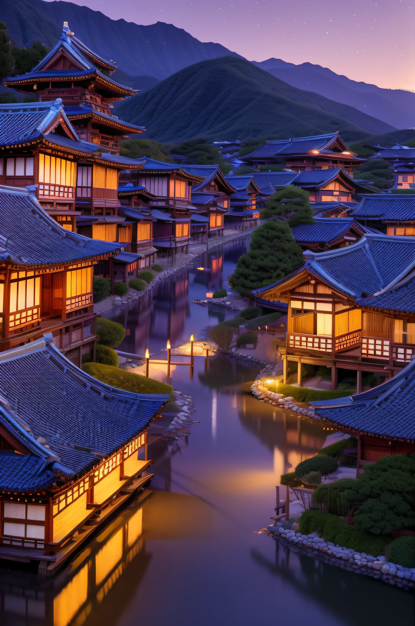 Dorf mit vielen Lichtern, japanisches Dorf, japanische Stadt, japanisches Dorf, hyperrealistisches Foto einer Stadt, altes asiatisches Dorf, Sonnenuntergang, Japanische alte Burg, wunderschön beleuchtete Gebäude, in der Nacht, schön und ästhetisch, Fotografie, filmisch, 8k, Hochdetailliert