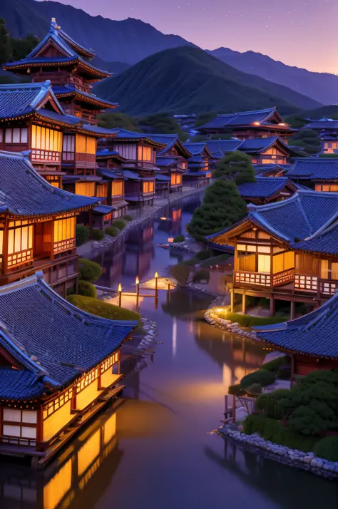 village with many lights, japanese village, japanese city, japanese village, hyper realistic photo of a city, old asian village,...