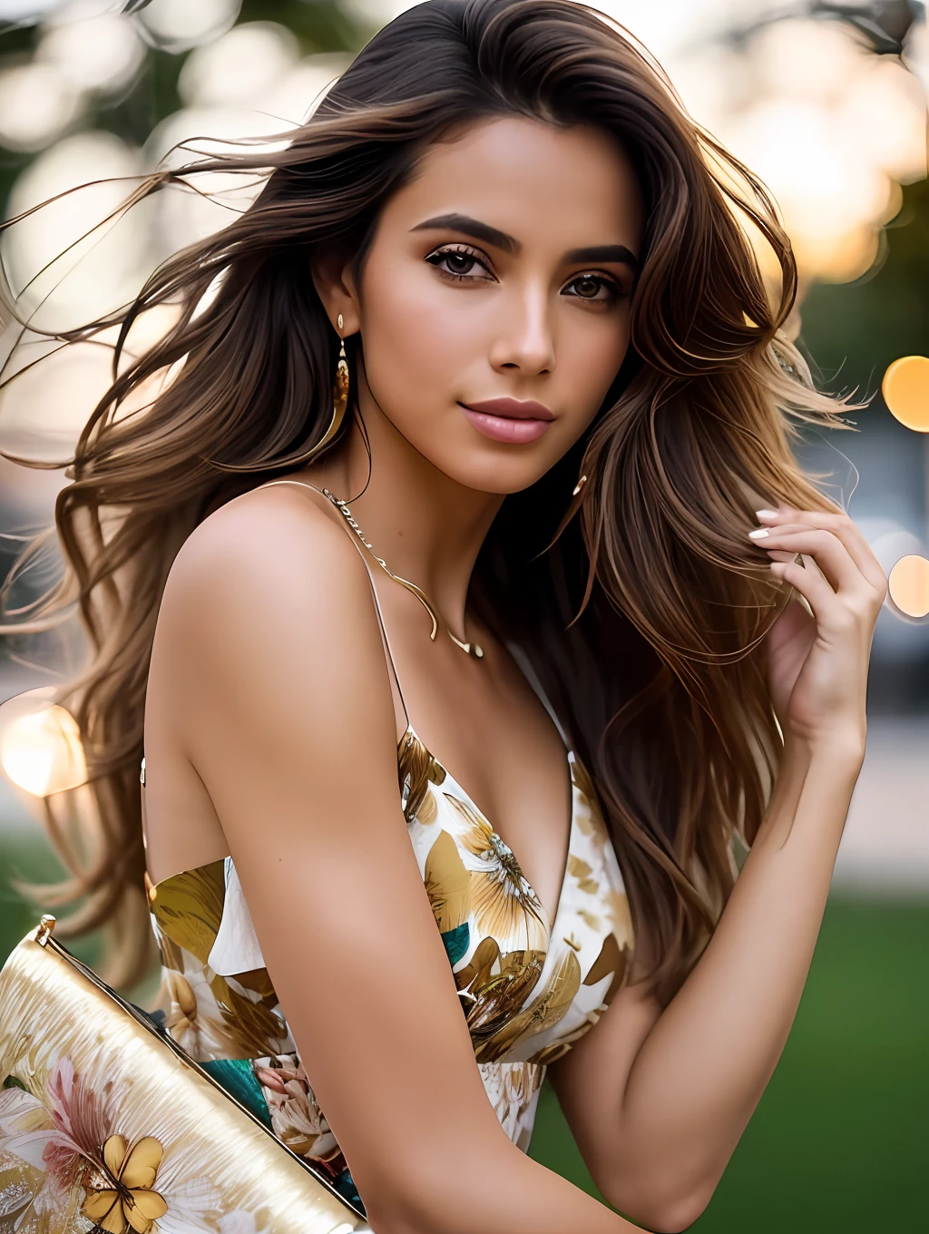 photo of a stunning beautiful Brazilian woman supermodel, honey eyes, long messy windy light brown hair, flipping hair, closeup zoomed in tight crop portrait, walking down a (runaway at a fashion show scene people:1.2) wearing a (fluttering floral high couture dress:1.3) (expensive clutch bag on her hand:1.3) (Lighting-Gold:1.2) foreground objects background details (masterpiece:1.2) (photorealistic:1.2) (bokeh:1.2) (best quality) (color grading) (detailed skin:1.3) (intricate) (8k) (HDR) (cinematic lighting:1.3) (sharp focus), messy windy hair