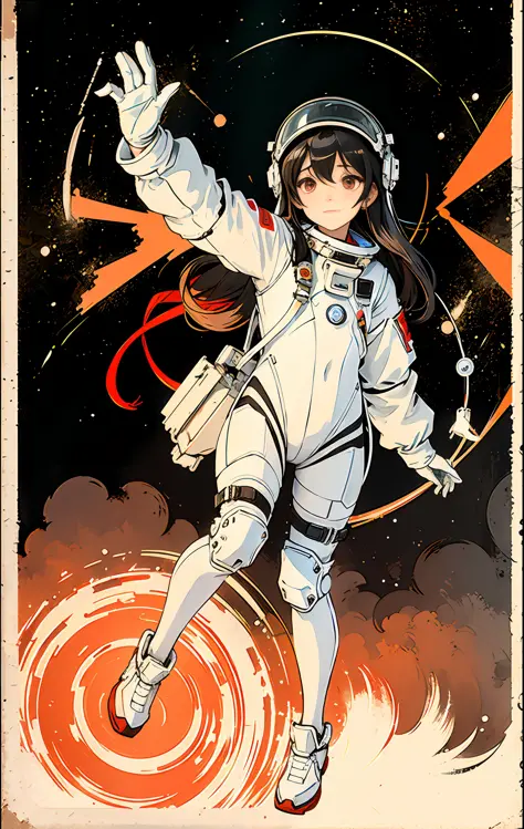 1girl, flat chested, cute, beautiful detailed eyes, shiny hair, visible through the hair, hair between the eyes, CCCPposter, sovietposter, red monochrome, Soviet poster, USSR, communism, black hair, red eyes, vampire ,girl,small breasts,spacesuit:Orange_cl...