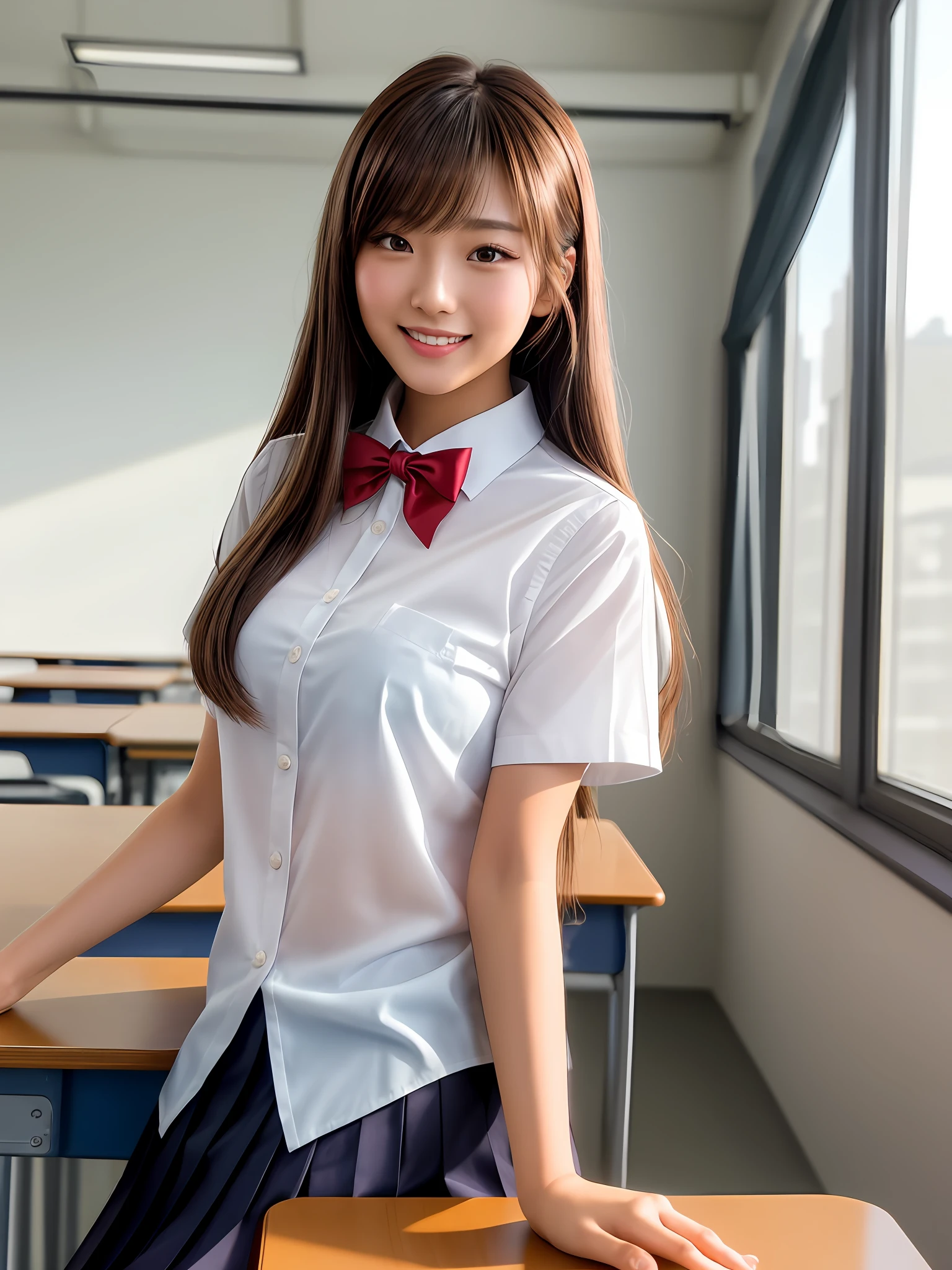 obra maestra, Tiro superior del cuerpo, vista frontal, una mujer joven y bonita japonesa, sitting on a desk En el aula with a big smile, figura glamorosa, Lleva una camisa blanca de manga corta con cuello y una pajarita lisa de satén rojo brillante., con una falda plisada azul oscuro de longitud media, cara hiper linda, labios brillantes, Párpados dobles en ambos ojos., maquillaje natural, Pestañas largas, Cabello castaño claro, liso y brillante, de longitud media., flequillo asimétrico, piel bronceada, En el aula, marco de cabeza, central image, resolución 8k, Alto detalle, peinado detallado, cara detallada, espectacular iluminación cinematográfica, renderizado de octanaje, vibrante, Híper realista, Extremidades perfectas, anatomía perfecta