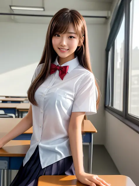 masterpiece, upper body shot, front view, a Japanese young pretty woman, sitting on a desk in the classroom with a big smile, glamorous figure, wearing a short sleeves white collared shirt with shiny red satin plain bow tie, wearing a medium length dark bl...