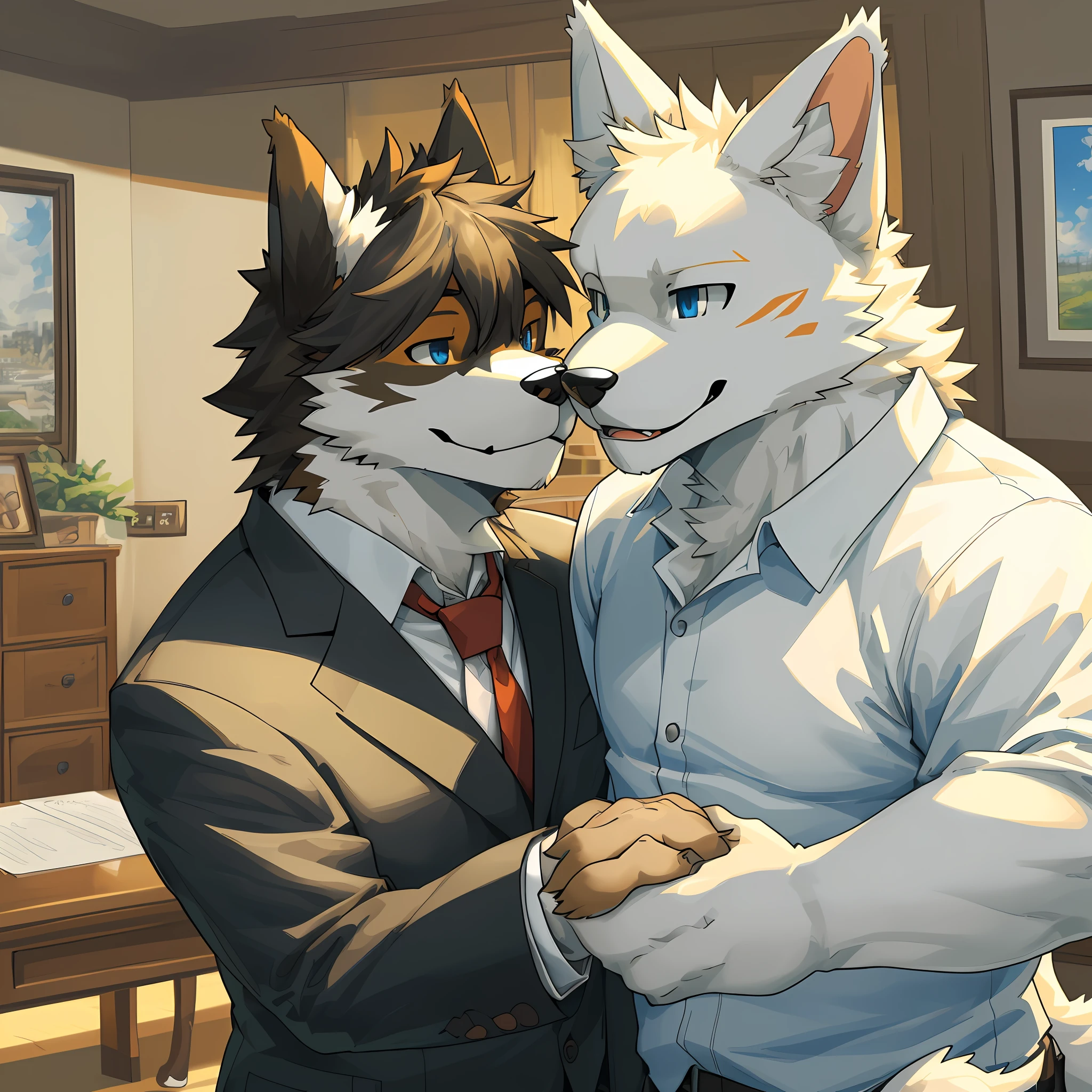 top quality, best quality, super high resolution, detailed background(highly detailed beautiful face and eyes)absurdres, perfect anatomy(angelic nice 2boy, kemono, suit)(furry)(furry anthro:1.7)(Furry body, dog facial features, dog body features)(very detailed body fur)Top executives shake hands on the achievement of the project,, smile, portrait, high resolution, hyper realistic,
