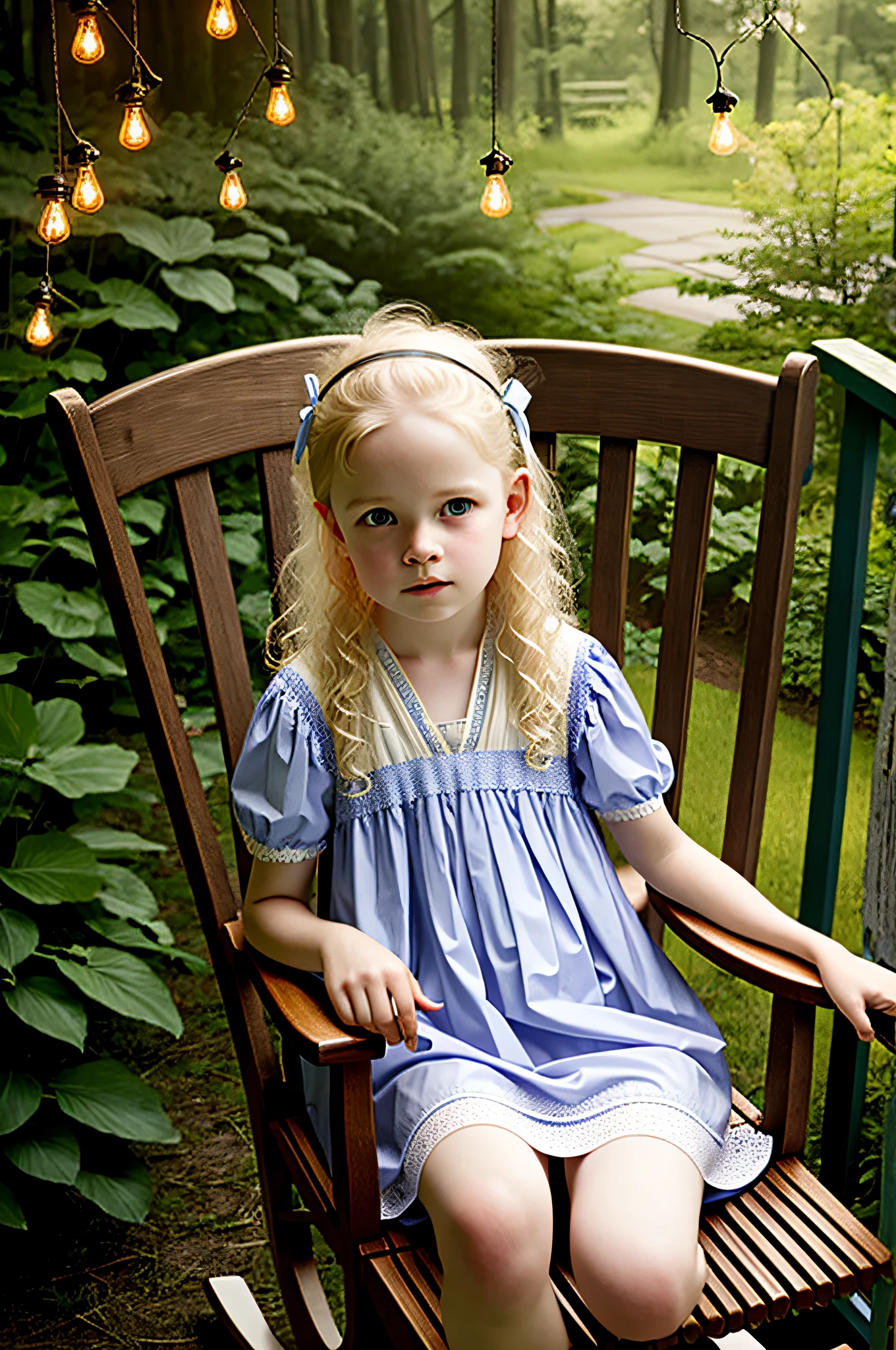 irish albino girl in rocking chair in southern porch with fireflies dust and porch lights summerevening humid dramatic lighting with light and shadows patterns on skin style of sally mann in color nostalgia