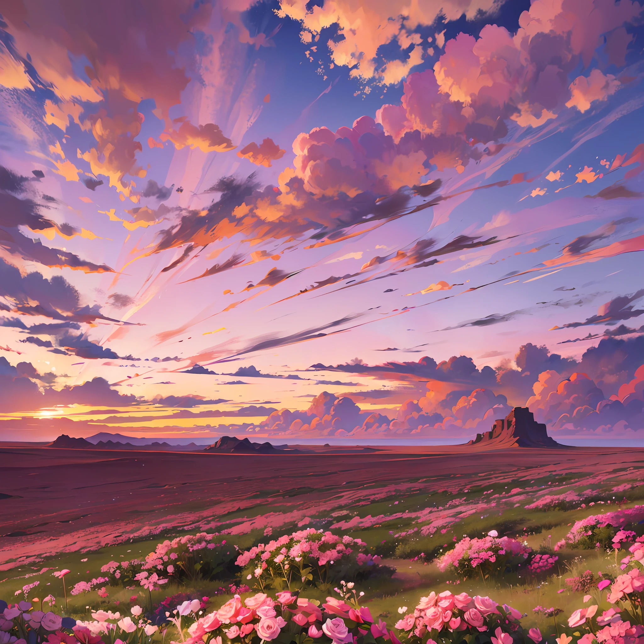 Summer, desert, pink clouds, a land overgrown with roses, James Gurney, art station rendering, ultra-wide lens, high definition --auto --s2