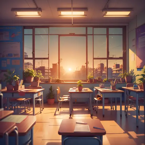 classroom, classroom illuminated by dusk sunset, classroom empty, perfect quality, happy cartoon, hd illustration, exciting illu...