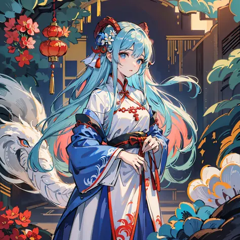 Masterpiece, best quality, high resolution, (masterpiece:1.4), super detailed, girl, standing, white hanfu, blue hem, Chinese girl's face, a red dragon next to her --auto --s2