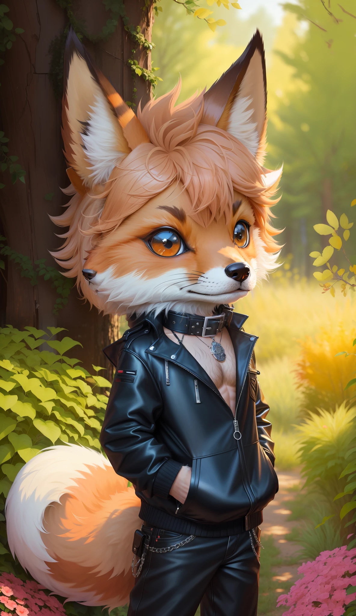 fox with black jacket, dressed as 80's metal rocker, cute, hairy body, bad boy, young, portrait, posture facing the camera, 2D painting, masterpiece, confident posture, symmetrical