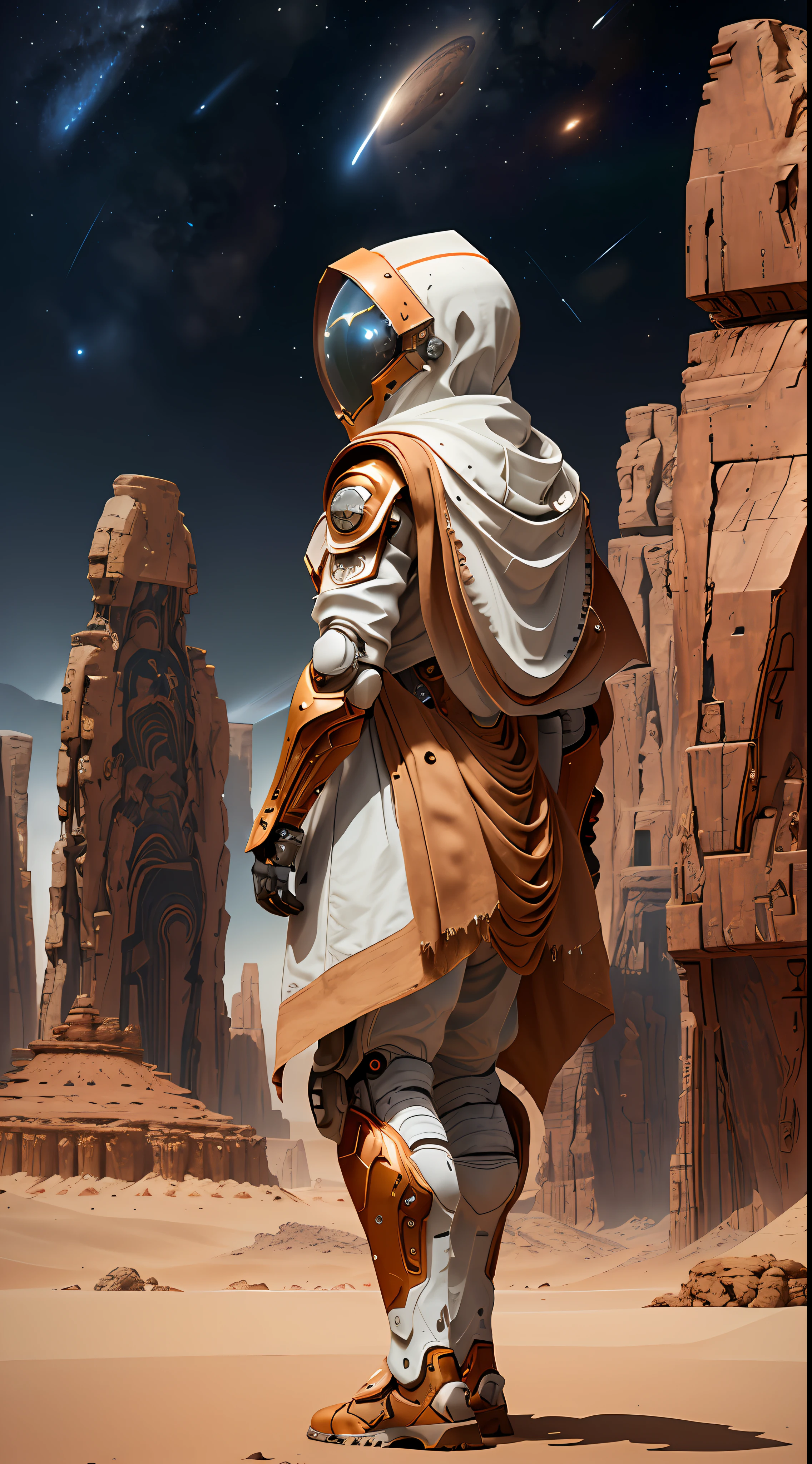 一名身穿宇航服的男子站在沙漠中, 多計數競賽獲勝者, 非洲未来主义, 8k細節, 穿著有兜帽的科幻斗篷, 安法斯的機甲戰士肖像, 8k八度渲染照片, 复古未来主义的女性机器人, 紅色沙漠火星, 帶有白色圍巾的詳細盔甲, 虚幻引擎 5 着色
